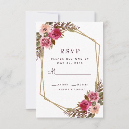 Elegant Floral Purple Pink Chic Gold Frame Wedding RSVP Card