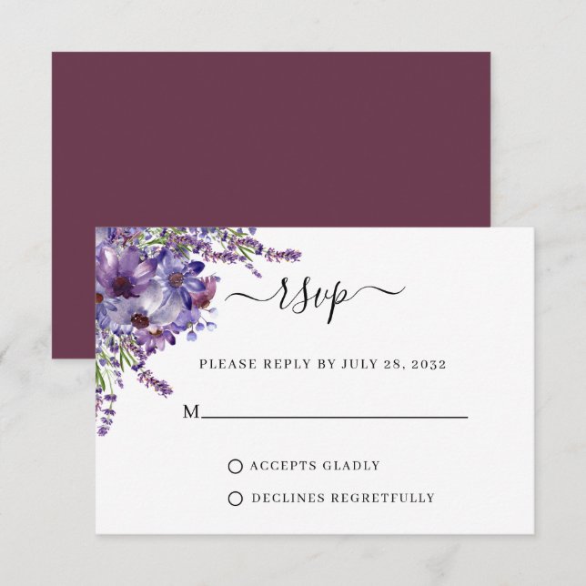 Elegant Floral Purple Plum Peonies Wedding RSVP Card (Front/Back)