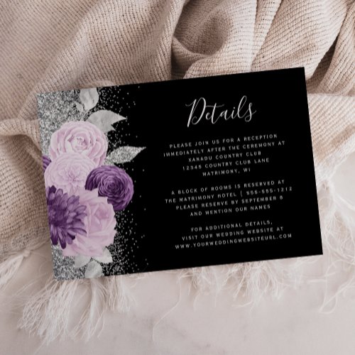 Elegant Floral Purple Silver Black Wedding Details Enclosure Card