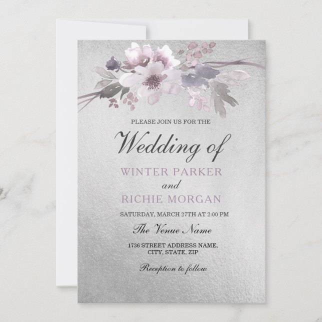 Elegant Floral Purple Silver Foil Wedding Invitation (Front)