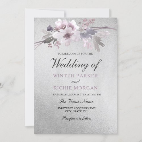 Elegant Floral Purple Silver Foil Wedding Invitation