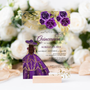 Elegant Floral Purple Violet Charra Quinceañera Acrylic Invitations