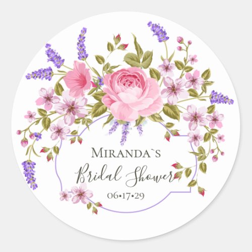 Elegant Floral Purple Watercolor Bridal Shower Cla Classic Round Sticker