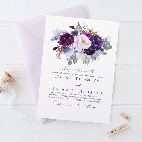 Elegant Floral  Purple Watercolors Wedding Invitation