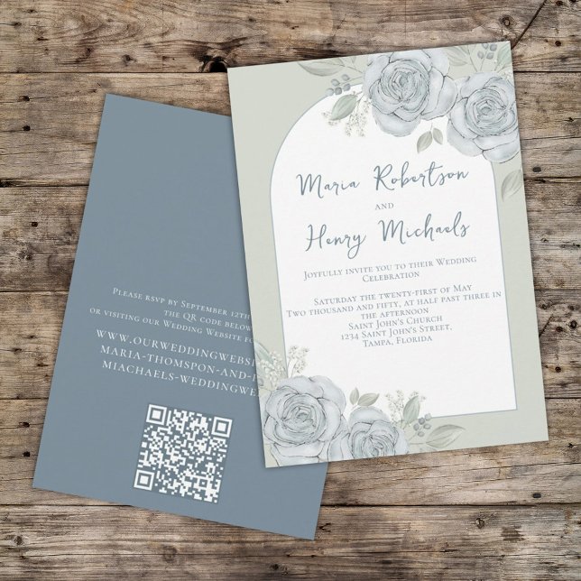Elegant Floral QR Code Blue Green Greenery  Invitation (Creator Uploaded)