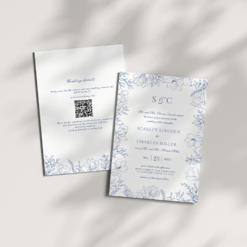 Elegant Floral QR Code Blue Monogram Wedding Invitation