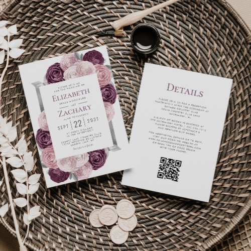 Elegant Floral QR Code Mauve Blush Silver Wedding Invitation