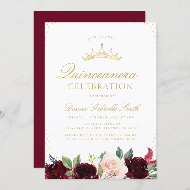 elegant floral Quinceanera invitation (Front/Back)