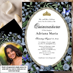 Elegant Floral Quinceanera Invitation Blue Flowers