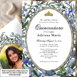 Elegant Floral Quinceanera Invitation Blue Flowers