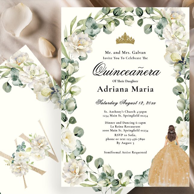 Elegant Floral Quinceanera Invitation Gold Dress (Creator Uploaded)