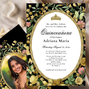 Elegant Floral Quinceanera Invitation Yellow Gold