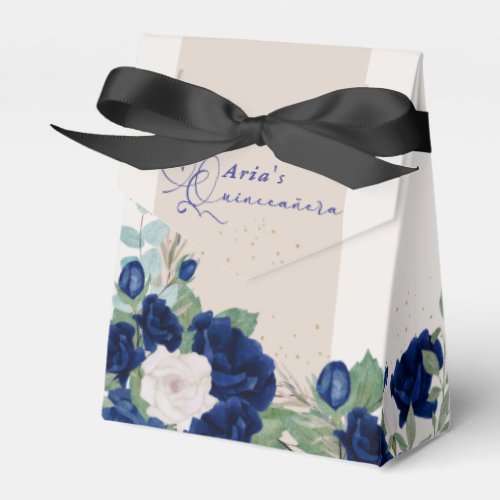 Elegant Floral Quinceanera Royal Blue Ivory Roses Favor Boxes