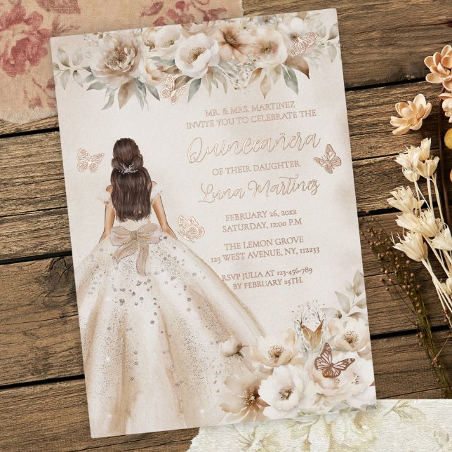 Elegant Floral Quinceañera Watercolor Ballgown Foil Invitation (rustic personalized quinceanera watercolor floral girl in gown 15th birthday invitation)