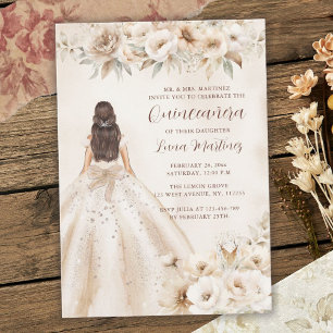 Elegant Floral Quinceañera Watercolor Ballgown Invitation
