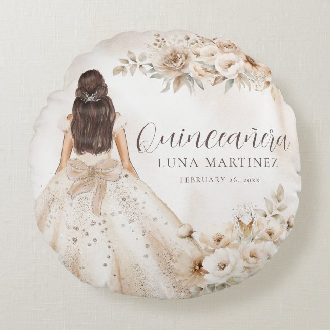 Elegant Floral Quinceañera Watercolor Ballgown Round Pillow (Front)