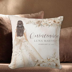 Elegant Floral Quinceañera Watercolor Ballgown Throw Pillow