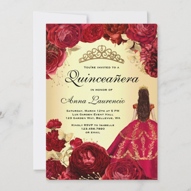 Elegant Floral Red and Gold Quinceanera Invitation (Front)