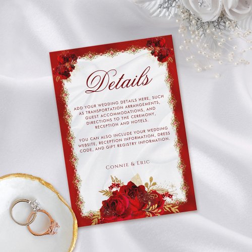 Elegant Floral Red and Gold Wedding Details Enclosure Card