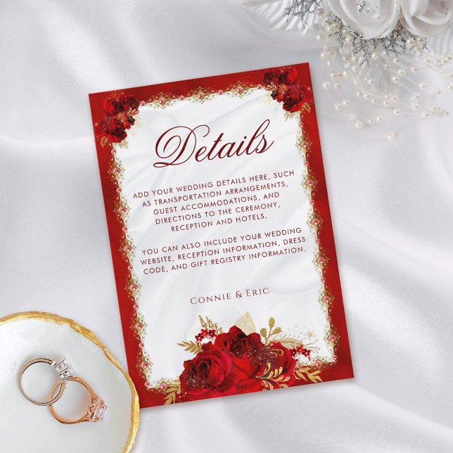 Elegant Floral Red and Gold Wedding Details Enclosure Card (Creator Uploaded)