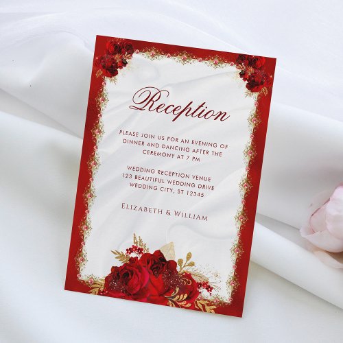  Elegant Floral Red and Gold Wedding Reception Enclosure Card