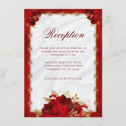  Elegant Floral Red and Gold Wedding Reception Enclosure Card