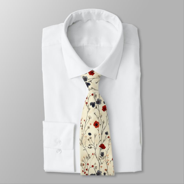 Elegant Floral Red and Navy Flower Stems Neck Tie (Tied)