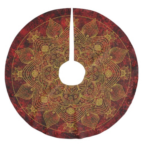 Elegant Floral Red Black  Gold Mandala Brushed Polyester Tree Skirt