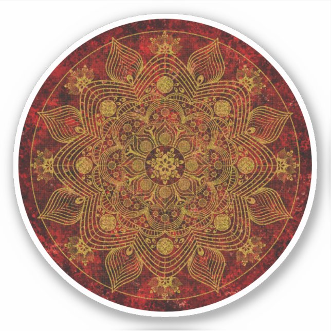 Elegant Floral Red, Black & Gold Mandala Sticker (Front)