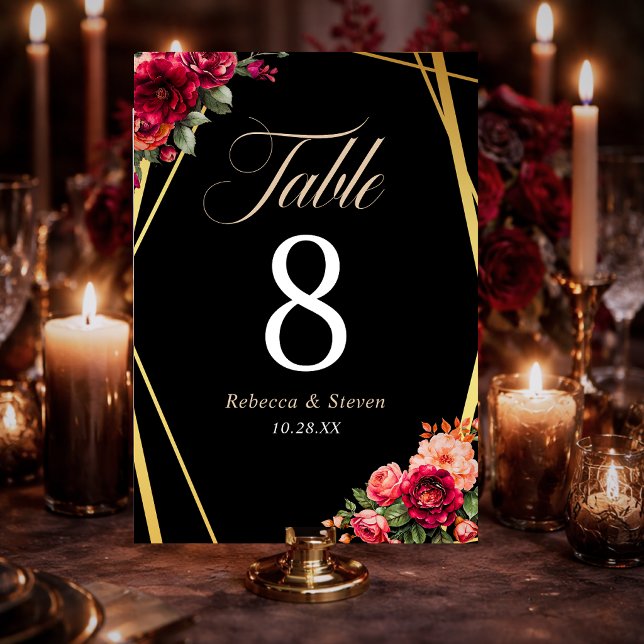 Elegant floral red black moody Romantic Table Number (Creator Uploaded)