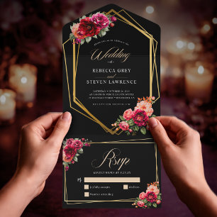 Elegant floral red black moody Romantic wedding All In One Invitation