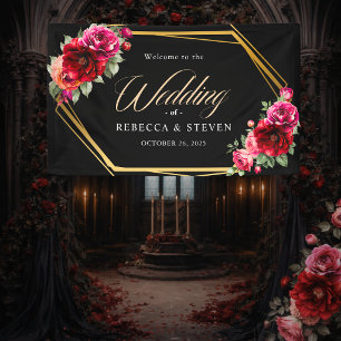 Elegant floral red black moody Romantic wedding Banner