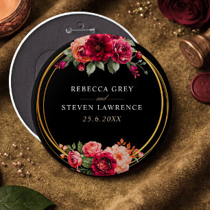 Elegant floral red black moody Romantic wedding Button