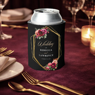 Elegant floral red black moody Romantic wedding Can Cooler