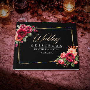 Elegant floral red black moody Romantic wedding Guest Book