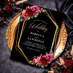 Elegant floral red black moody Romantic wedding Invitation