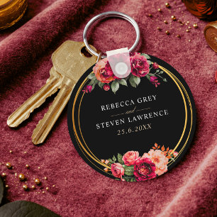 Elegant floral red black moody Romantic wedding Keychain