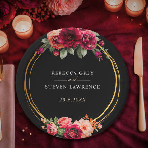 Elegant floral red black moody Romantic wedding Paper Plates
