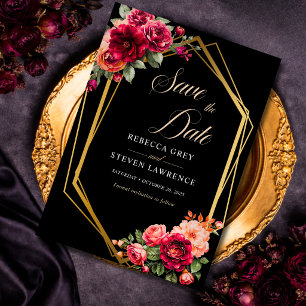 Elegant floral red black moody Romantic wedding Save The Date