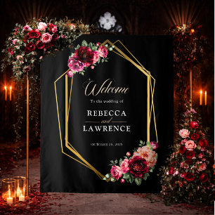Elegant floral red black moody Romantic wedding Tapestry