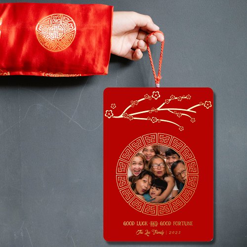 Elegant Floral Red Chinese New Year Photo Foil Holiday Card