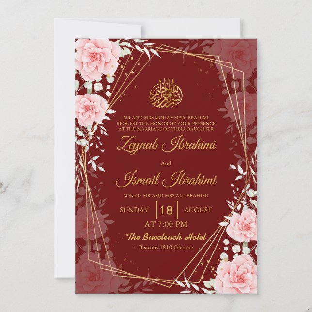 Elegant Floral Red Gold Islamic Muslim Wedding Invitation (Front)