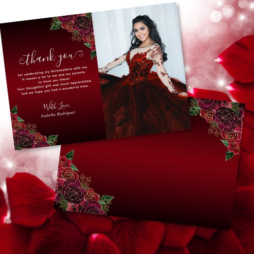 Elegant Floral Red Gold Quinceaera Birthday Photo Thank You Card