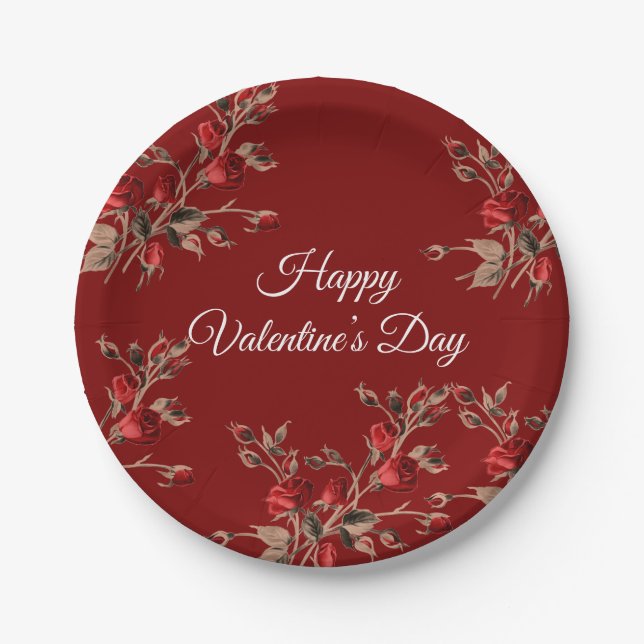 Elegant Floral Red Happy Valentine’s Day  Paper Plates (Front)