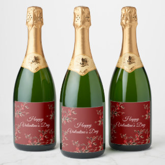 Elegant Floral Red Happy Valentine’s Day Sparkling Wine Label