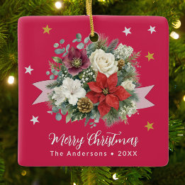 Elegant Floral Red Merry Christmas Holiday Ceramic Ornament