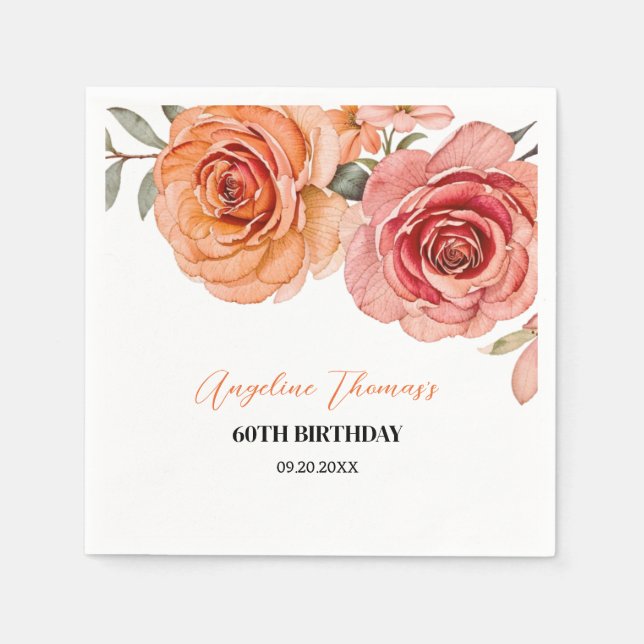 Elegant Floral Red Orange Rose Birthday Napkins (Front)
