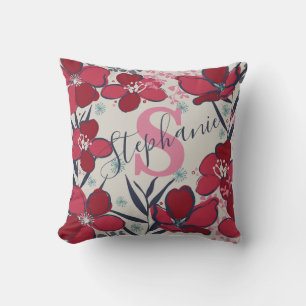 Elegant floral red,Pink and beige Monogram Throw Pillow