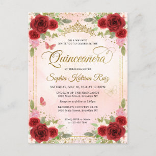 Elegant Floral Red Pink Gold Tiara Quinceañera Postcard