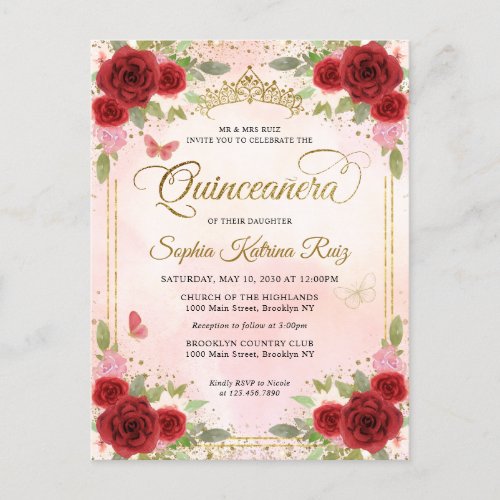 Elegant Floral Red Pink Gold Tiara Quinceaera Postcard